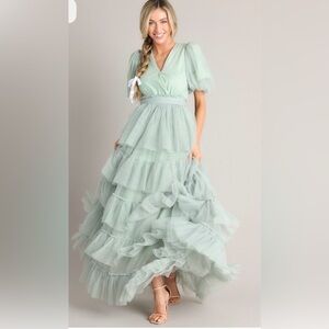EUC Red Dress Sea Foam Green Tiered Ruffled Gown